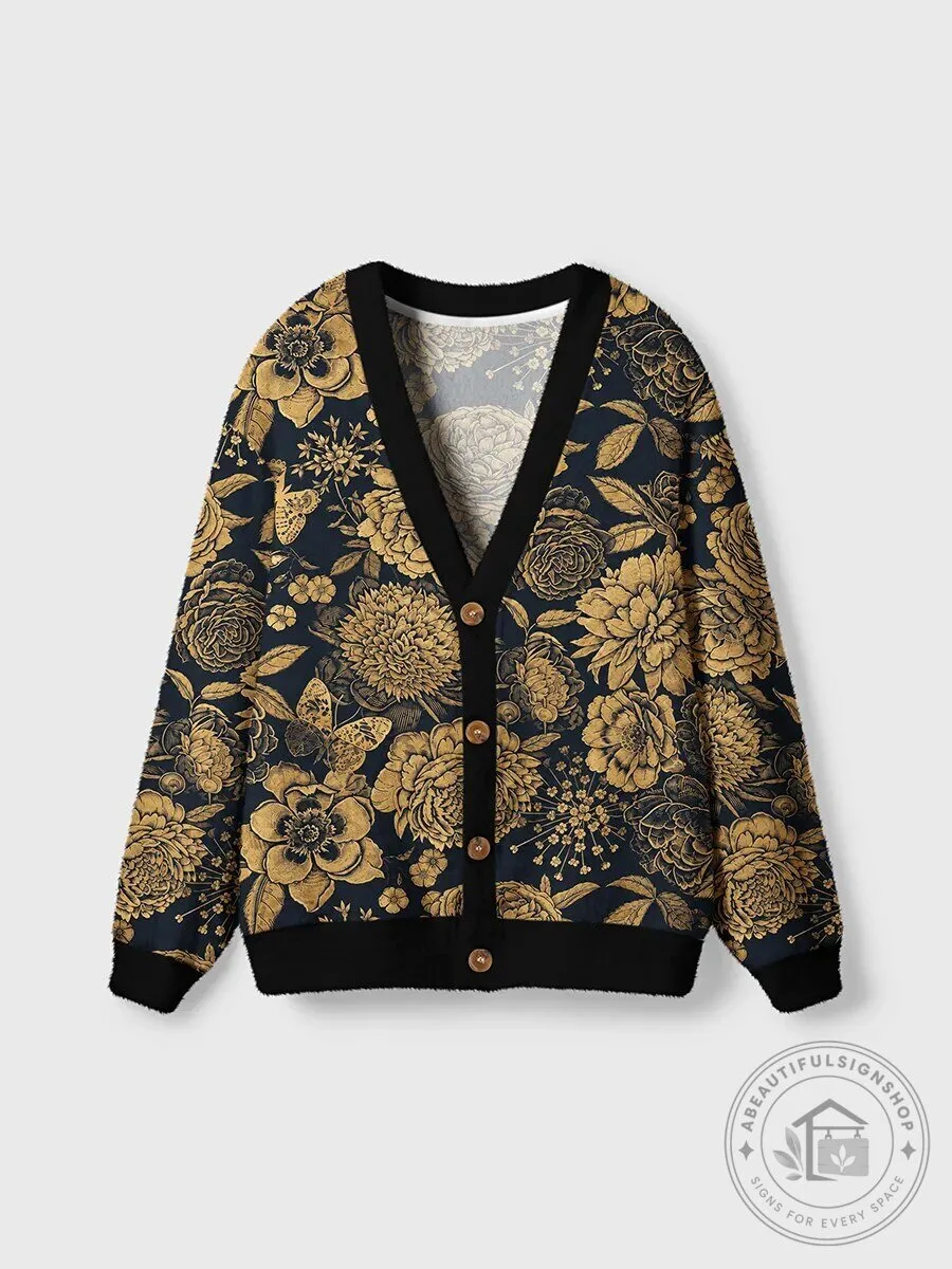 Vintage Golden Floral Butterfly Pattern Button-Up Cardigan Sweater