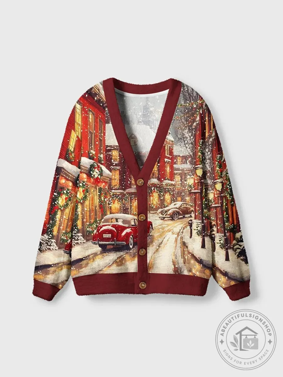 Vintage Snowy Night Town Christmas Cardigan Sweater