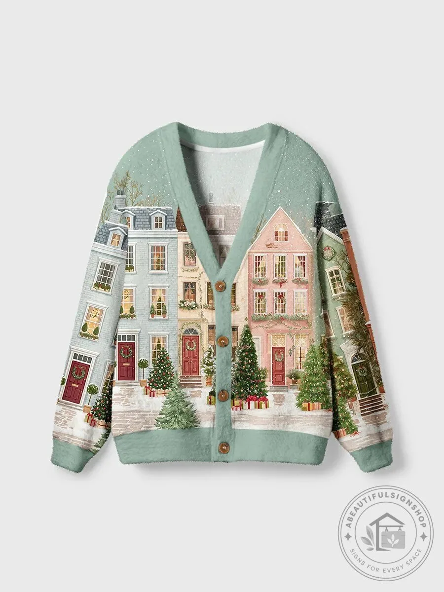 Vintage Snowy Christmas Street Holiday Cardigan Sweater