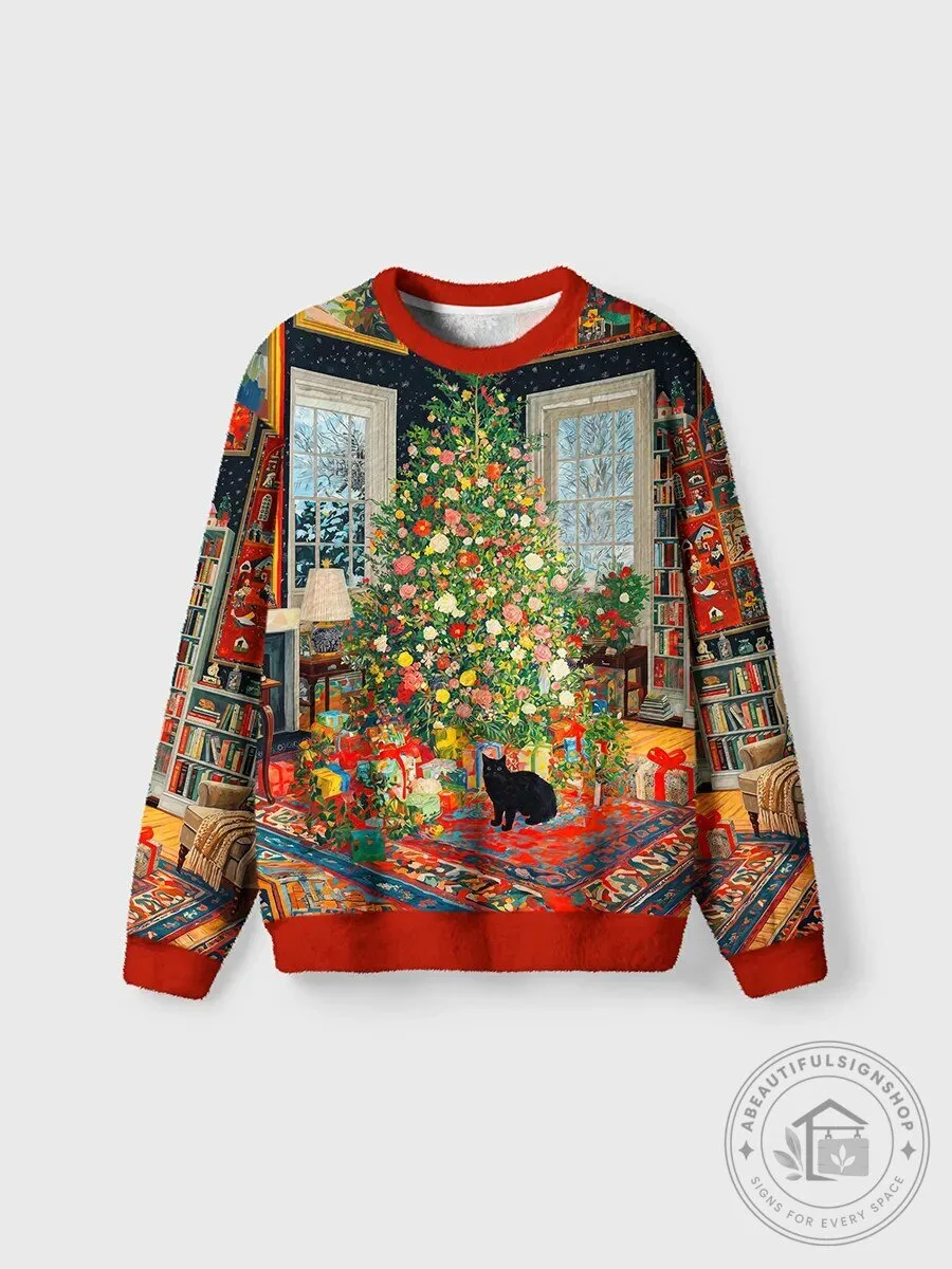 Vintage Floral Christmas Tree Holiday Gifts and Black Cat Indoor Scene Ugly Christmas Sweater