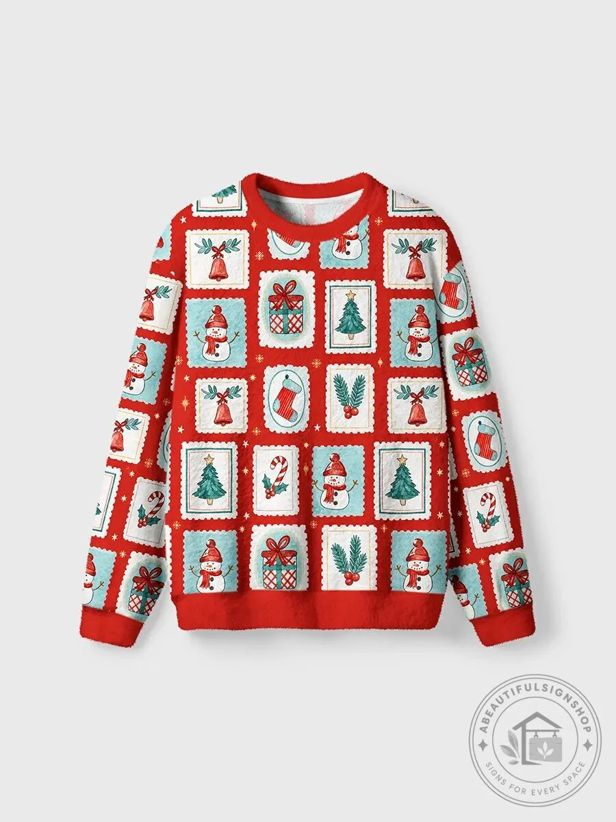 Christmas Holiday Snowman Pine Tree Gift Box Pattern Ugly Sweater Sweatshirt