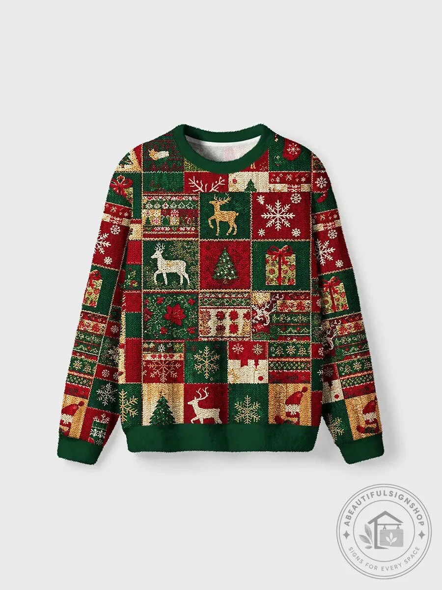 Vintage Christmas Patchwork Ugly Christmas Sweater Festive Holiday Sweatshirt