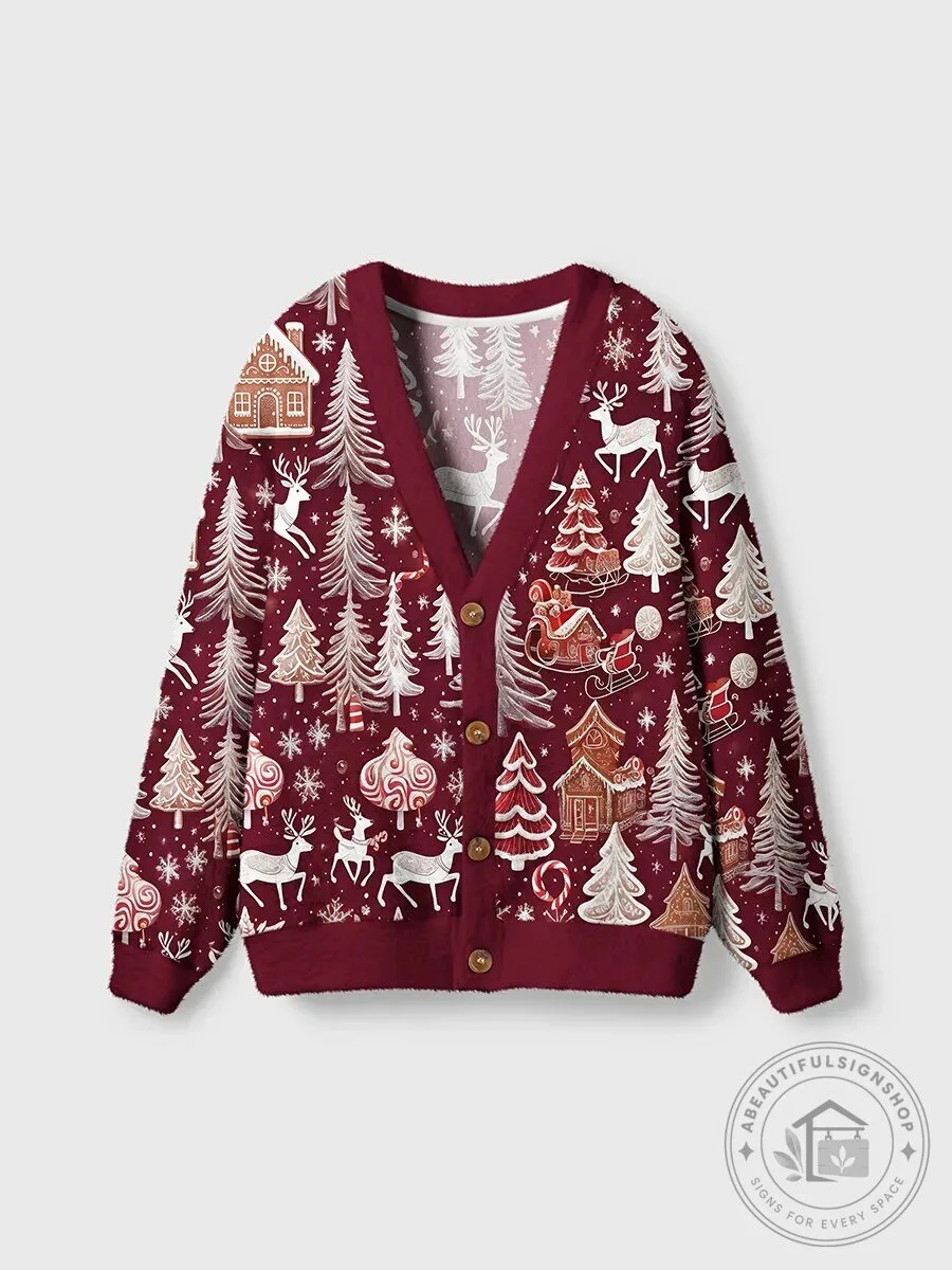 Vintage Christmas Gingerbread House and Reindeer Holiday Cardigan Sweater