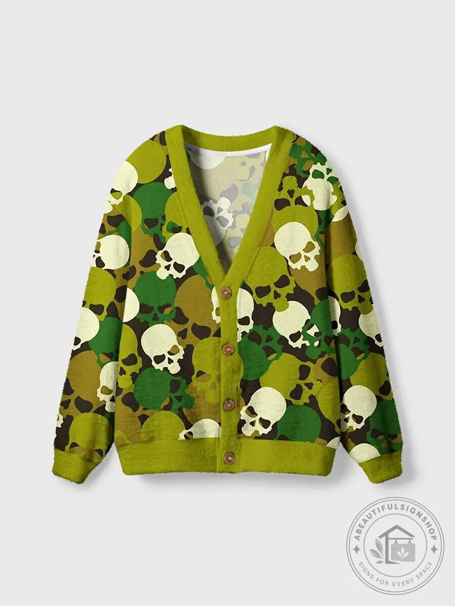 Vintage Camouflage Skull Pattern Cardigan Sweater for Men and Women