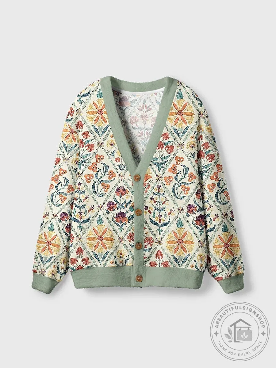 Vintage Diamond Floral Pattern Cardigan Sweater for Women