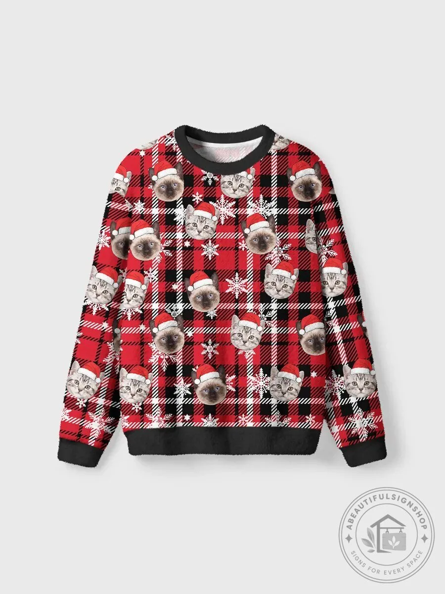 Personalized Christmas Cat Face Plaid Snowflake Holiday Sweatshirt